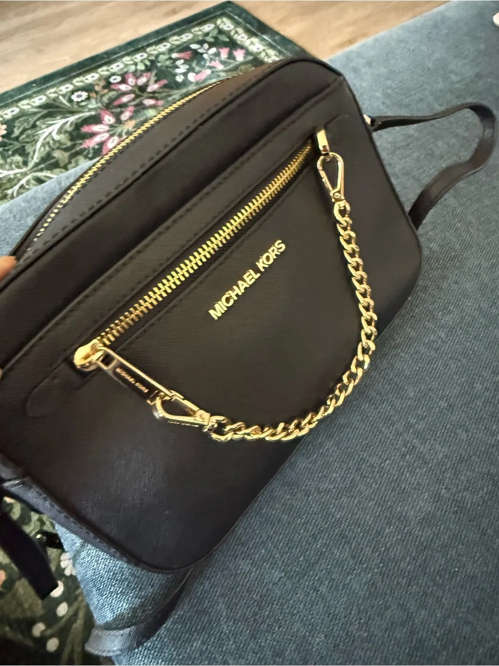 Michael Kors Black Crossbody Bag with Gold Chain Accent